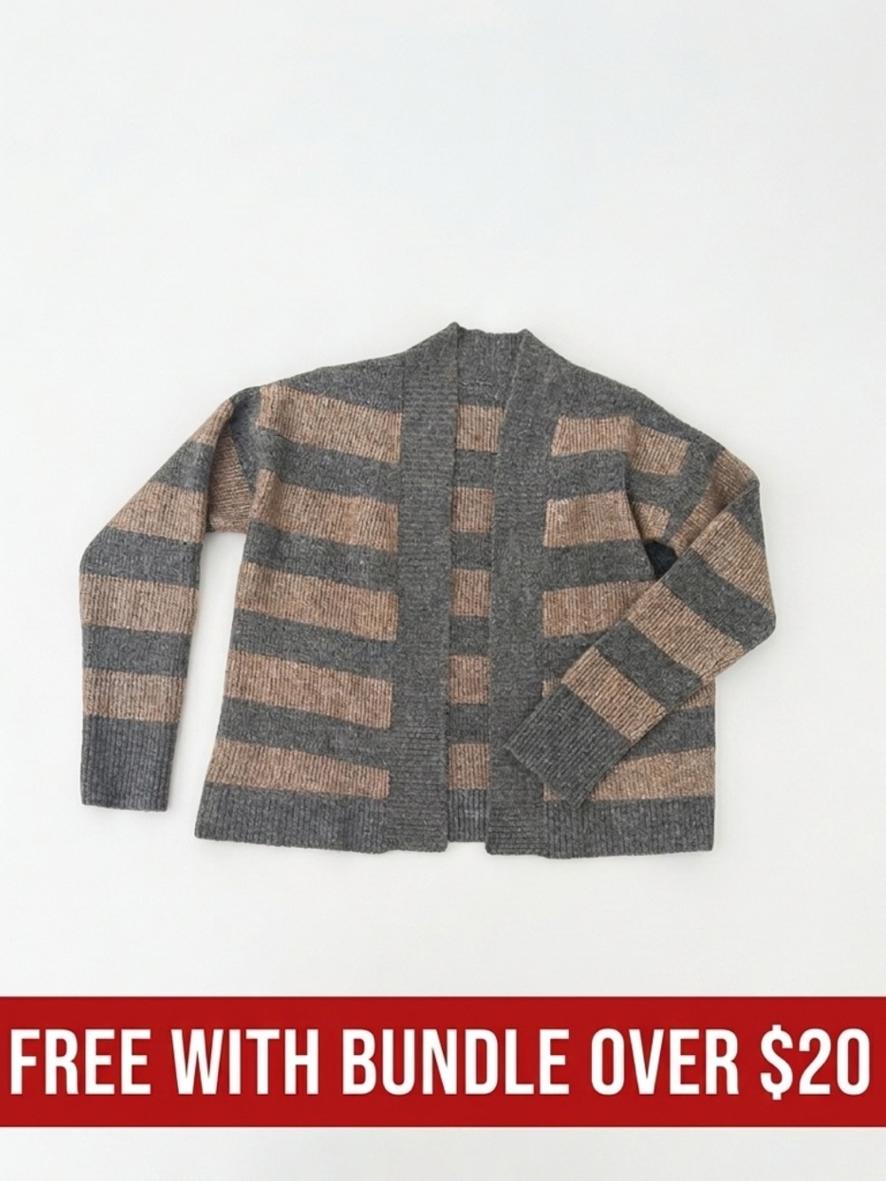 Free With Bundle Gray & Tan Striped Knit Open Front Cardigan Grandmacore Casual